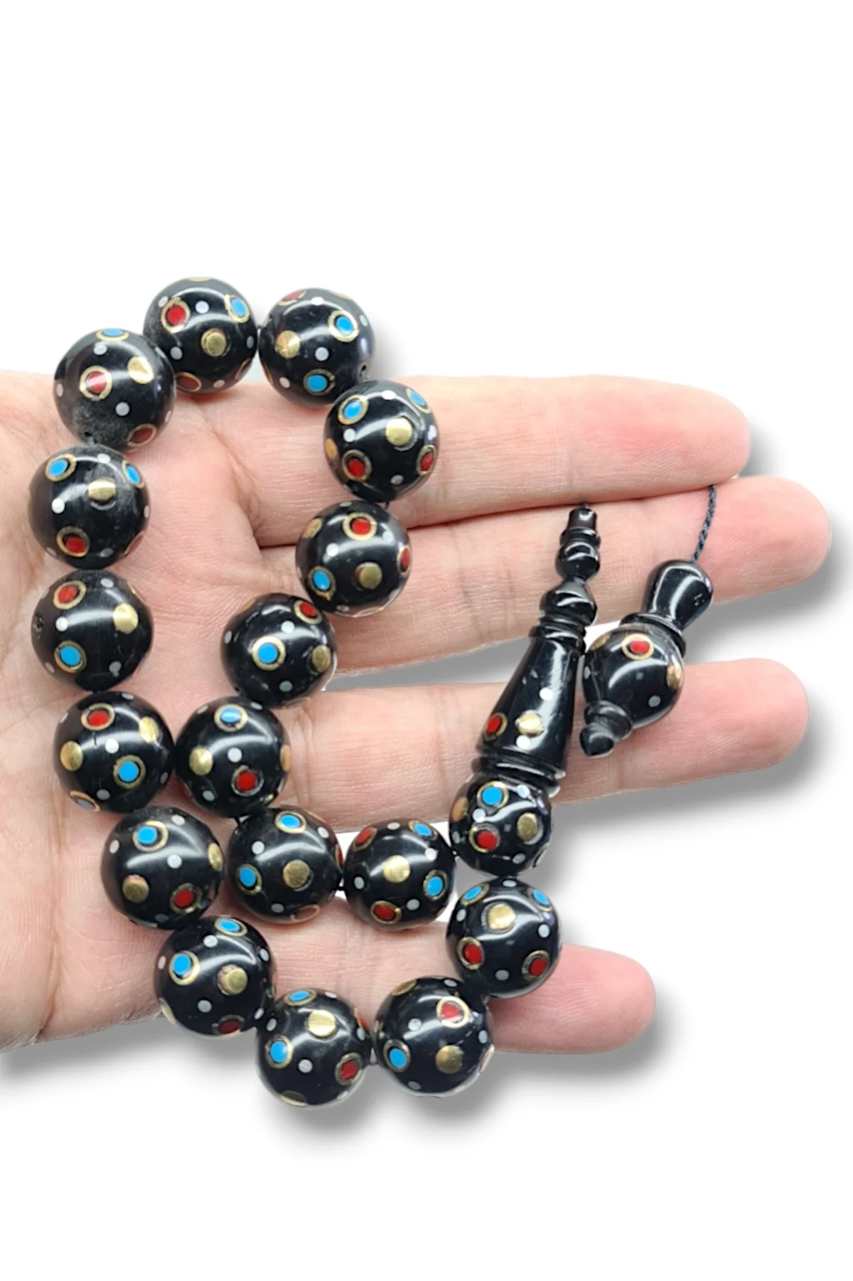 #841 - Firuze ve Mercan İşlemeli 17li Efe Boy Kuka Tesbih - 15x16 mm Ölçülerinde