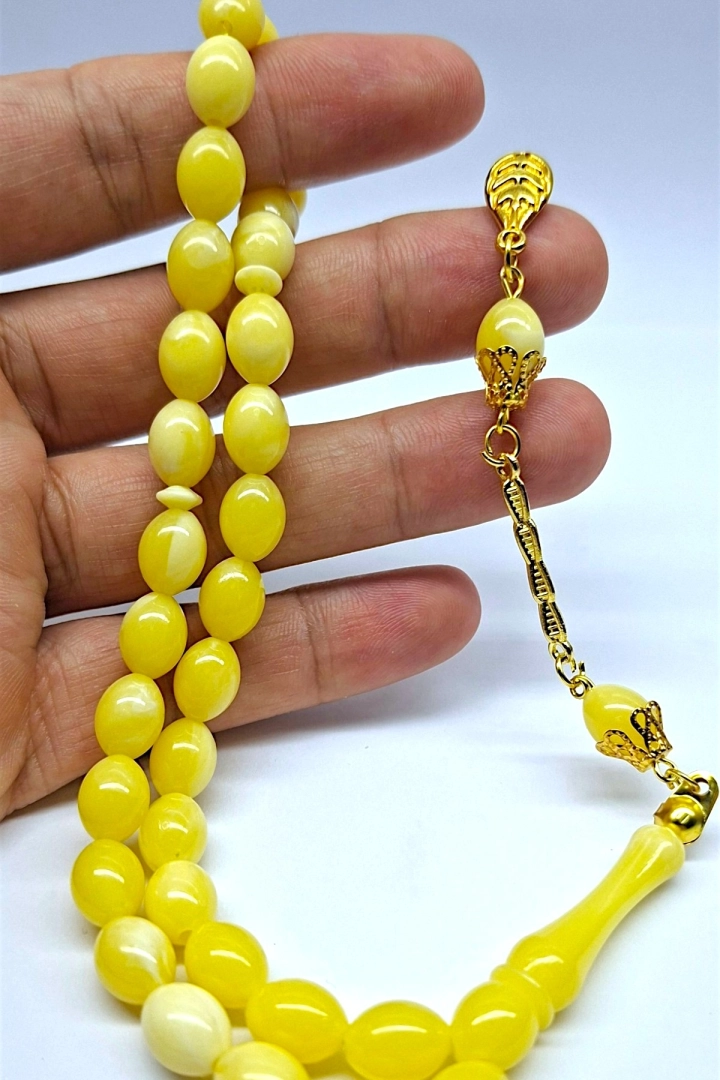 #1134 - Beyrut Kehribarı 33'l&uuml;k Tesbih Beyzi Kesim Tane &Ouml;l&ccedil;&uuml;s&uuml; 11x8 mm
