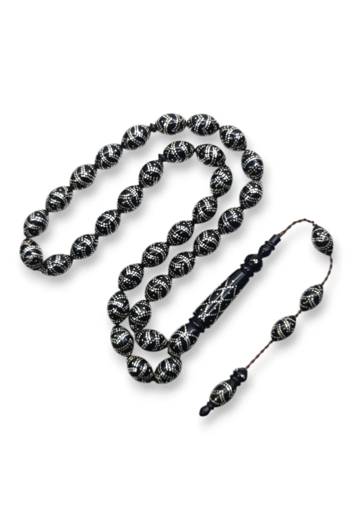 #hndn68823 - Siyah Kuka &Uuml;zerine G&uuml;m&uuml;ş İşleme Usta İşi 33l&uuml;k Tespih - G&ouml;z Alıcı Tasarım