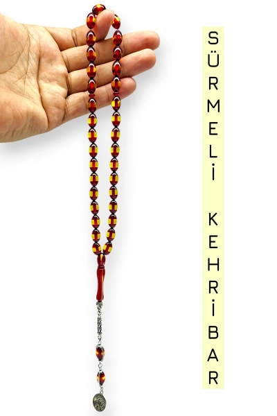 #hndn6881131 - S&uuml;rmeli Kehribar Kırmızı Tesbih 7.8x12 mm