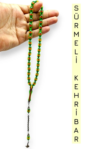 #hndn6881130 - S&uuml;rmeli Kehribar Yeşil Tesbih 7.8x12 mm - 33 cm Uzunluk